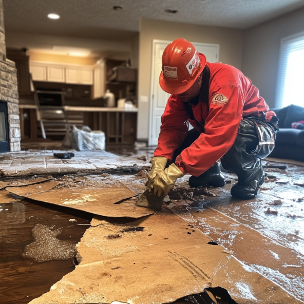 Water damage restoration technician removing damaged flooring in Orange Park FL